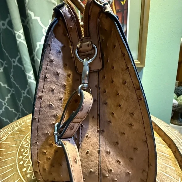 London Fog Brown Ostrich-Embossed Satchel Bag, often named "Lark" - Picture 3 of 12